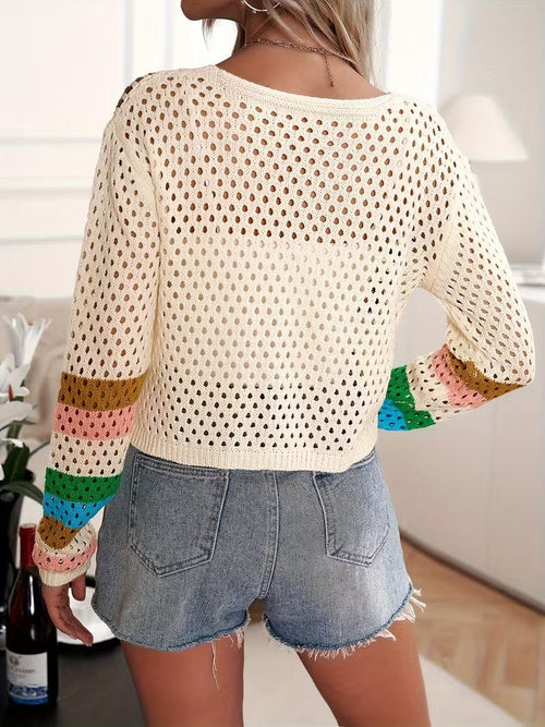 Patchwork Crochet Cardigan, Long Sleeve Button Up Casual Sweater, Women's Clothing ( CR-57)