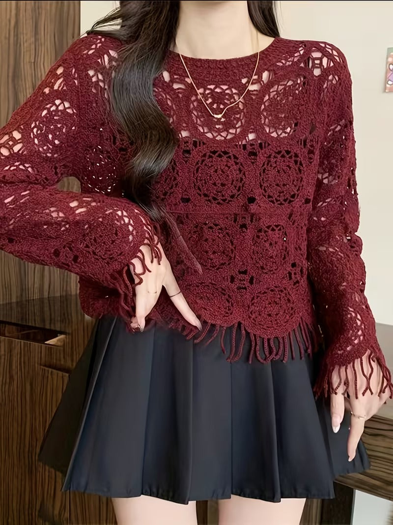 Women'S Elegant French-Inspired Lace-like Crochet Sweater - Long Sleeve Round Neck Blouse with Fringe Hem, Solid Color All-Season Layering Top for Casual & Formal( CR-12 )