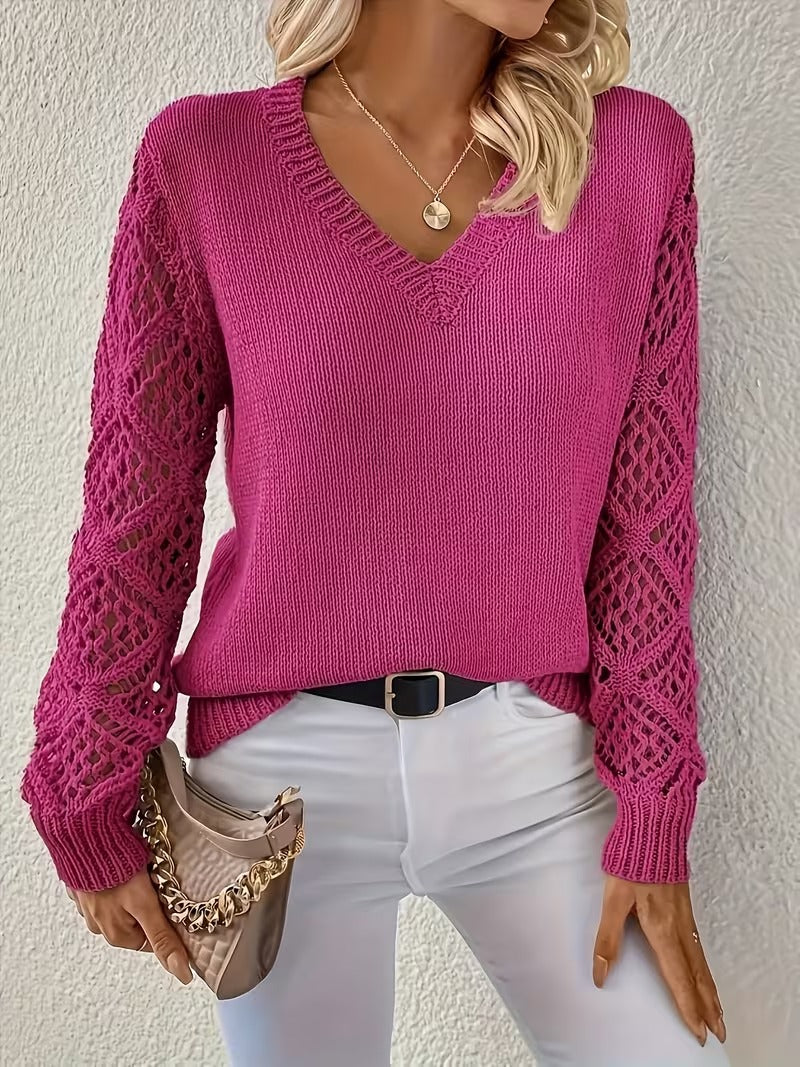 Elegant Women's V-Neck Hollow-Out Long-Sleeve Pullover( CR-10 )