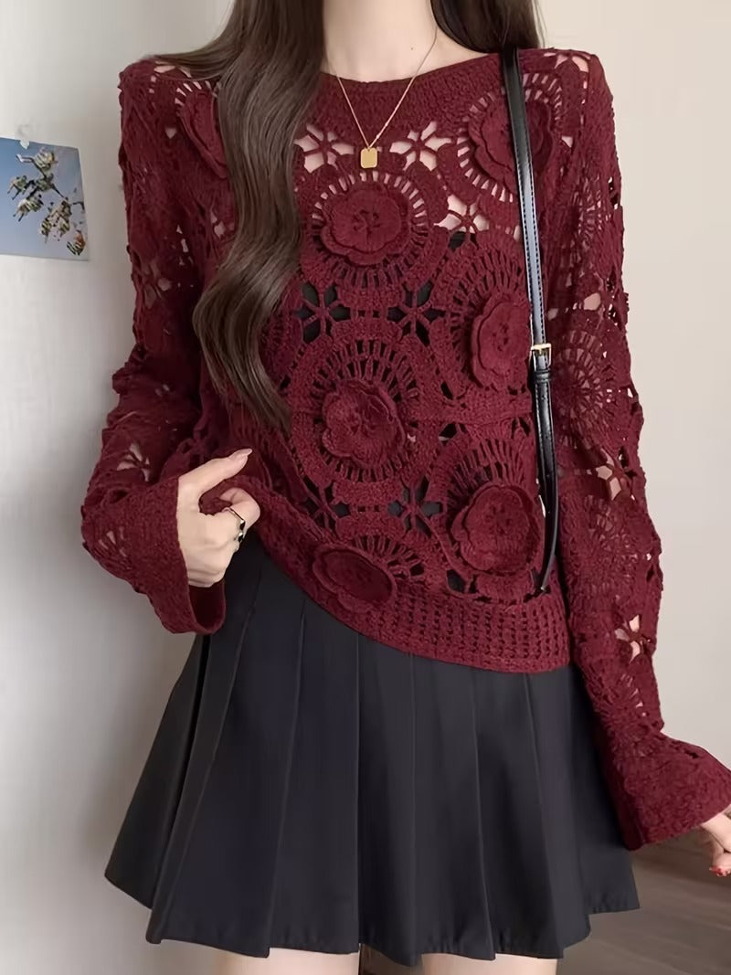 JELLY Women's Vintage Crochet Blouse with 3D Flower & hollow out design - Semi-Sheer Round Neck Loose Fit Top, Machine Washable Spring Summer Fall Elegant Shirt( CR-5 )