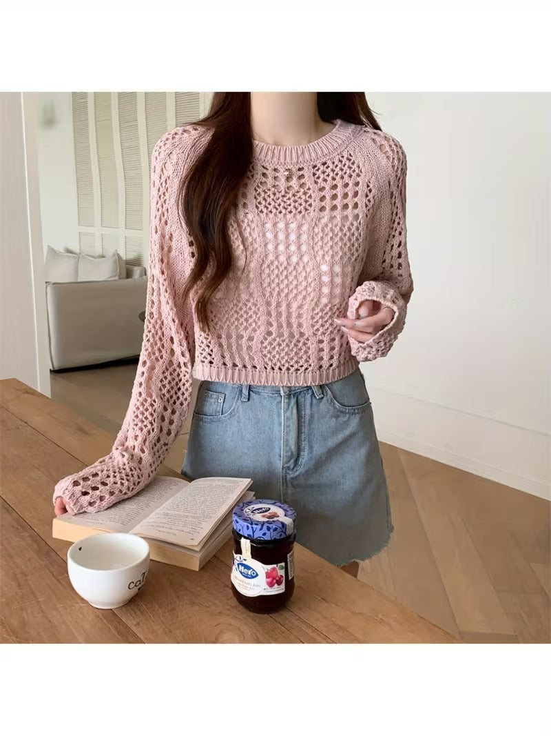 Elegant Pink Crochet Knit Sweater for Women - Long Sleeve, Hollow Out Design, Crew Neck, Perfect for Spring/Summer ( CR-30)