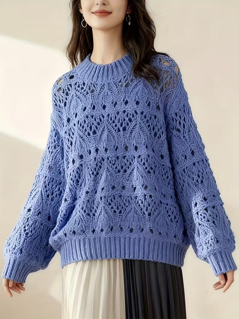 Spring Hollow Crochet Sweater | Casual Long Sleeve Pullover for Women, Crew Neck, Medium Stretch Fabric, Flared Hem( CR-4 )