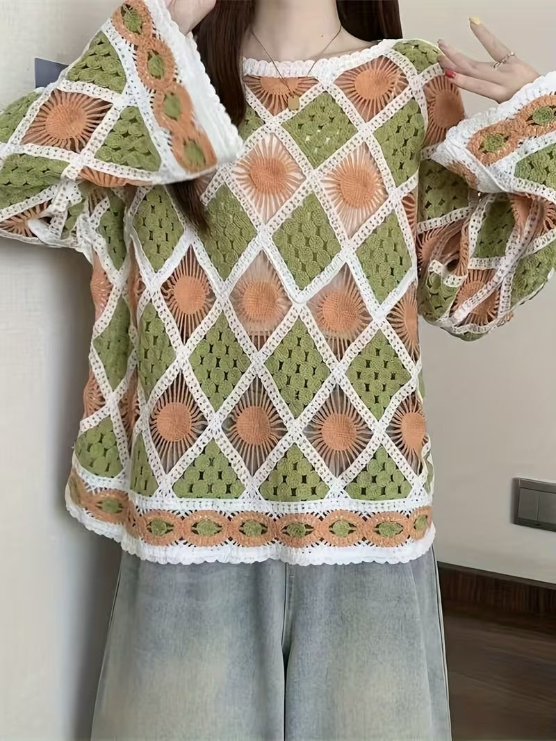 Dopamine Rhombus Crochet Hollow Sweater for Women, Bohemian Style Top Outerwear Cover-Up ( CR-2 )