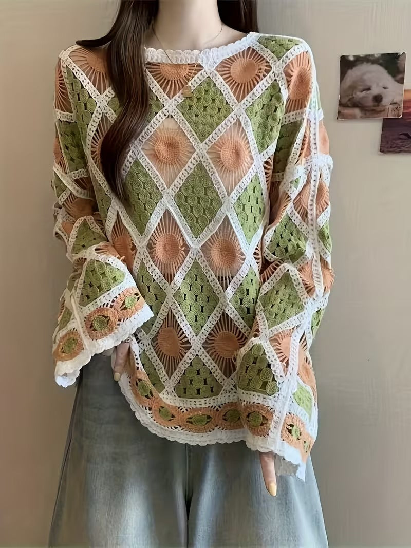 Dopamine Rhombus Crochet Hollow Sweater for Women, Bohemian Style Top Outerwear Cover-Up ( CR-2 )