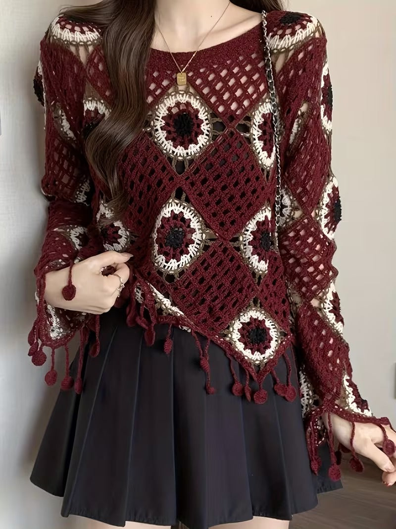 Women's Elegant Vintage Boho Crochet Sweater, Long Sleeve Round Neck Pullover with Tassel Hem & Crochet Pattern ( CR-1 )