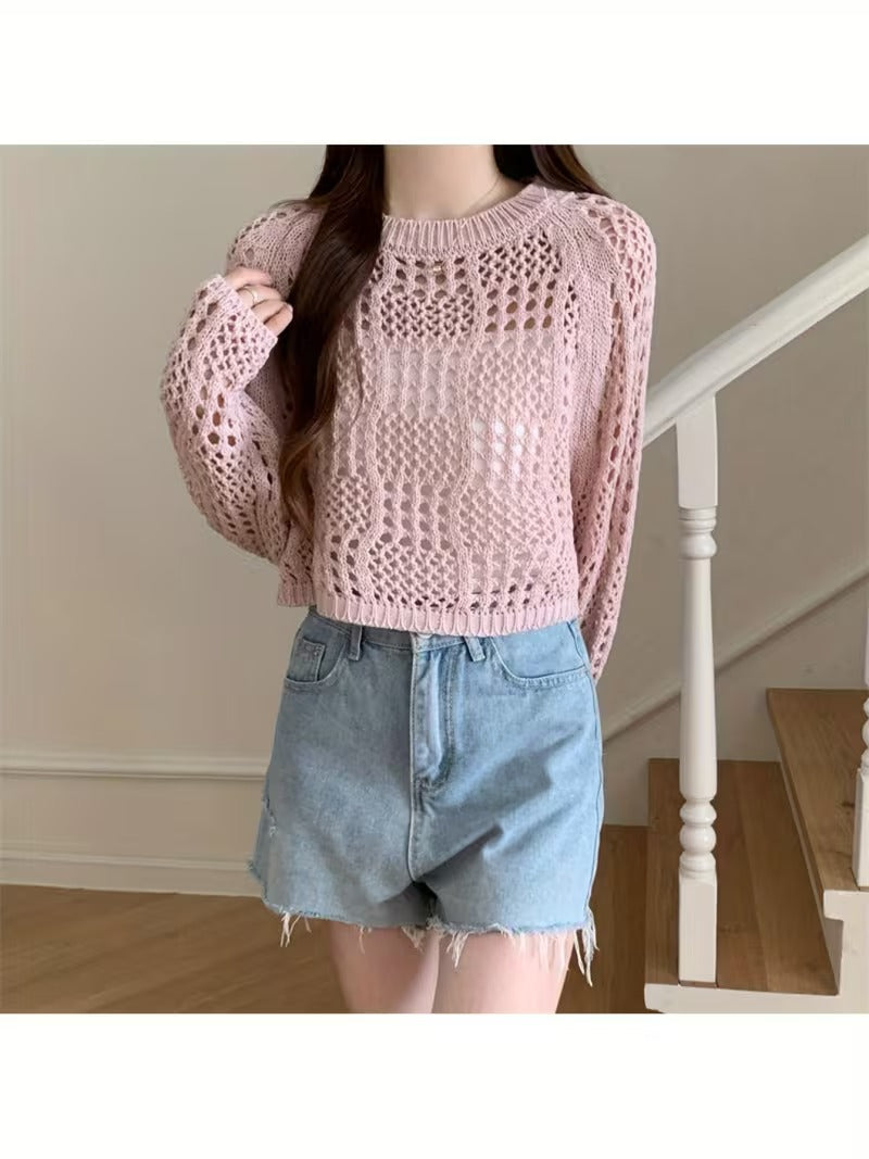 Elegant Pink Crochet Knit Sweater for Women - Long Sleeve, Hollow Out Design, Crew Neck, Perfect for Spring/Summer ( CR-30)