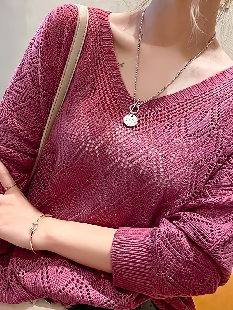 Long Sleeve Thin Batwing V-Neck Crochet Lace Women's Loose Fit Top( CR-7 )