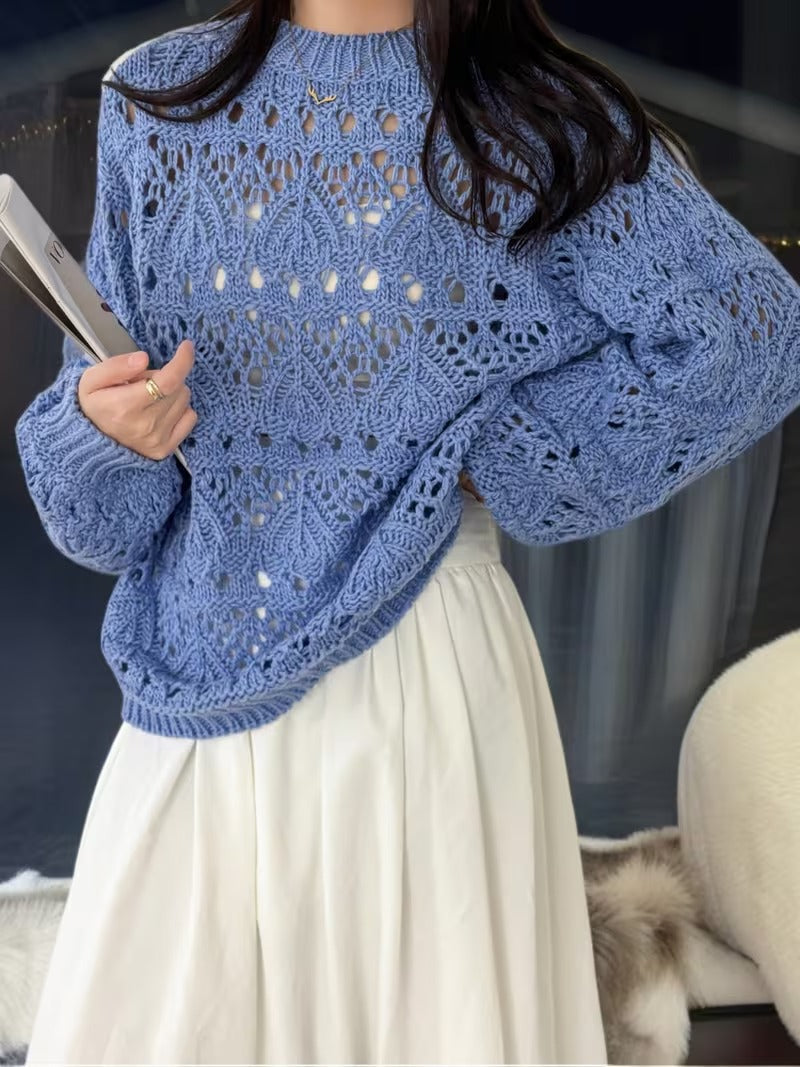 Spring Hollow Crochet Sweater | Casual Long Sleeve Pullover for Women, Crew Neck, Medium Stretch Fabric, Flared Hem( CR-4 )