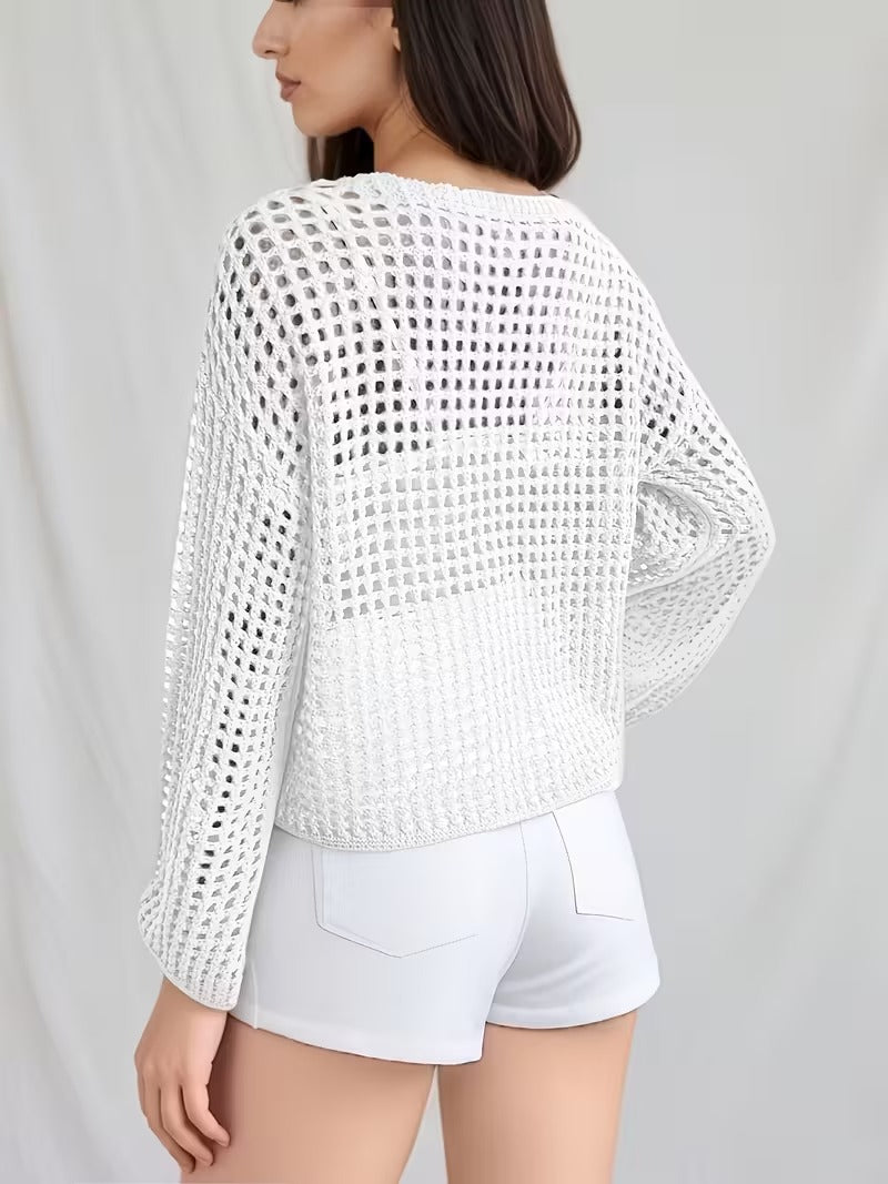 Elegant Hollow-Out Semi-Sheer Full-Sleeve Minimalist Top ( CR-19 )