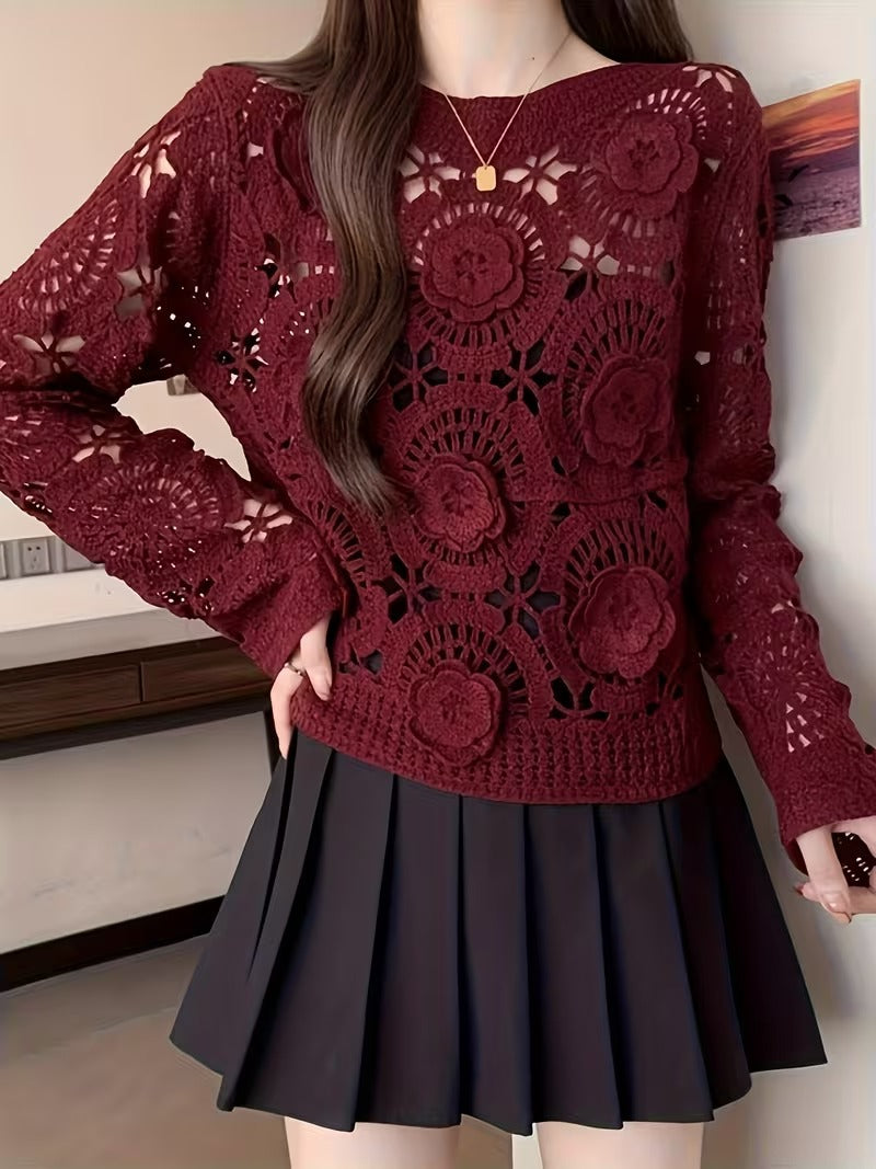 JELLY Women's Vintage Crochet Blouse with 3D Flower & hollow out design - Semi-Sheer Round Neck Loose Fit Top, Machine Washable Spring Summer Fall Elegant Shirt( CR-5 )