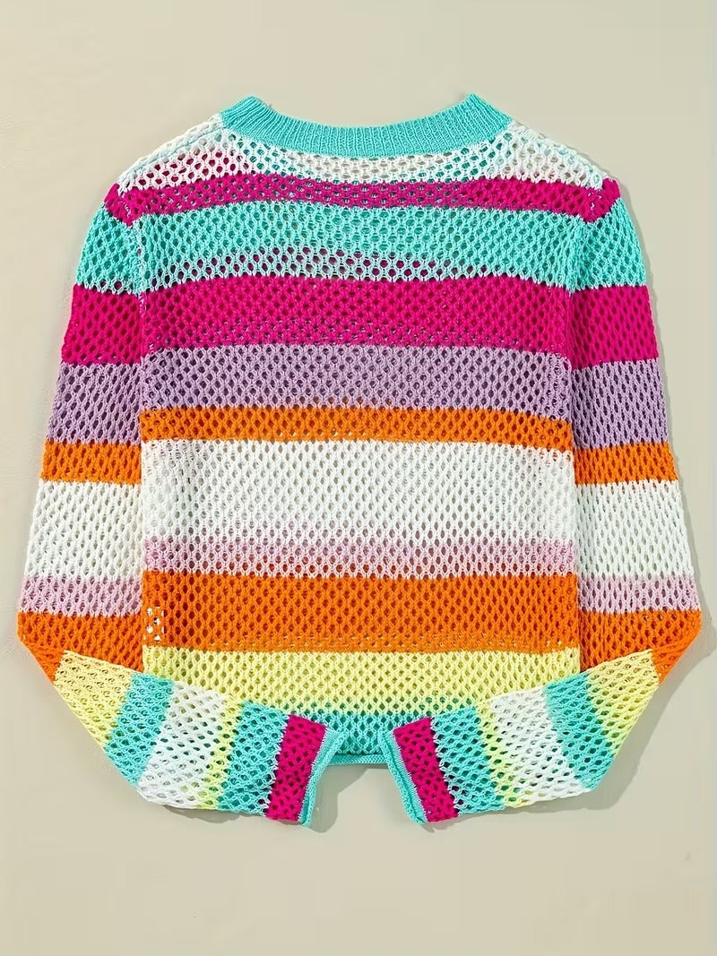 Women's Elegant Striped Semi-Sheer Lace Sweater - Multi-Color Round Neck Pullover, Machine Washable All-Season Top for Casual & Formal Wear, Sweater, Elegant Craftsmanship ( CR-21 )