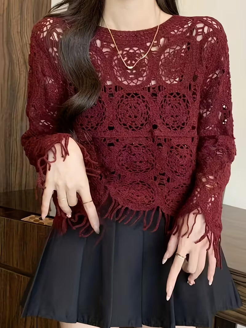 Women'S Elegant French-Inspired Lace-like Crochet Sweater - Long Sleeve Round Neck Blouse with Fringe Hem, Solid Color All-Season Layering Top for Casual & Formal( CR-12 )