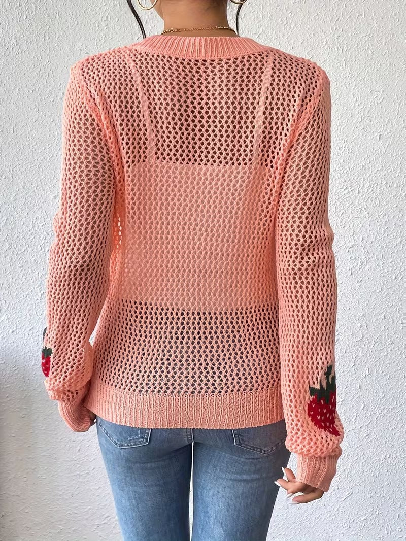 Women's Elegant Strawberry & Leaf Cut-Out Sweater - 100% Acrylic Semi-Sheer Round Neck Long Sleeve Top, Lightweight Stretchy Spring Summer Fall Casual Chic Pullover ( CR-26)