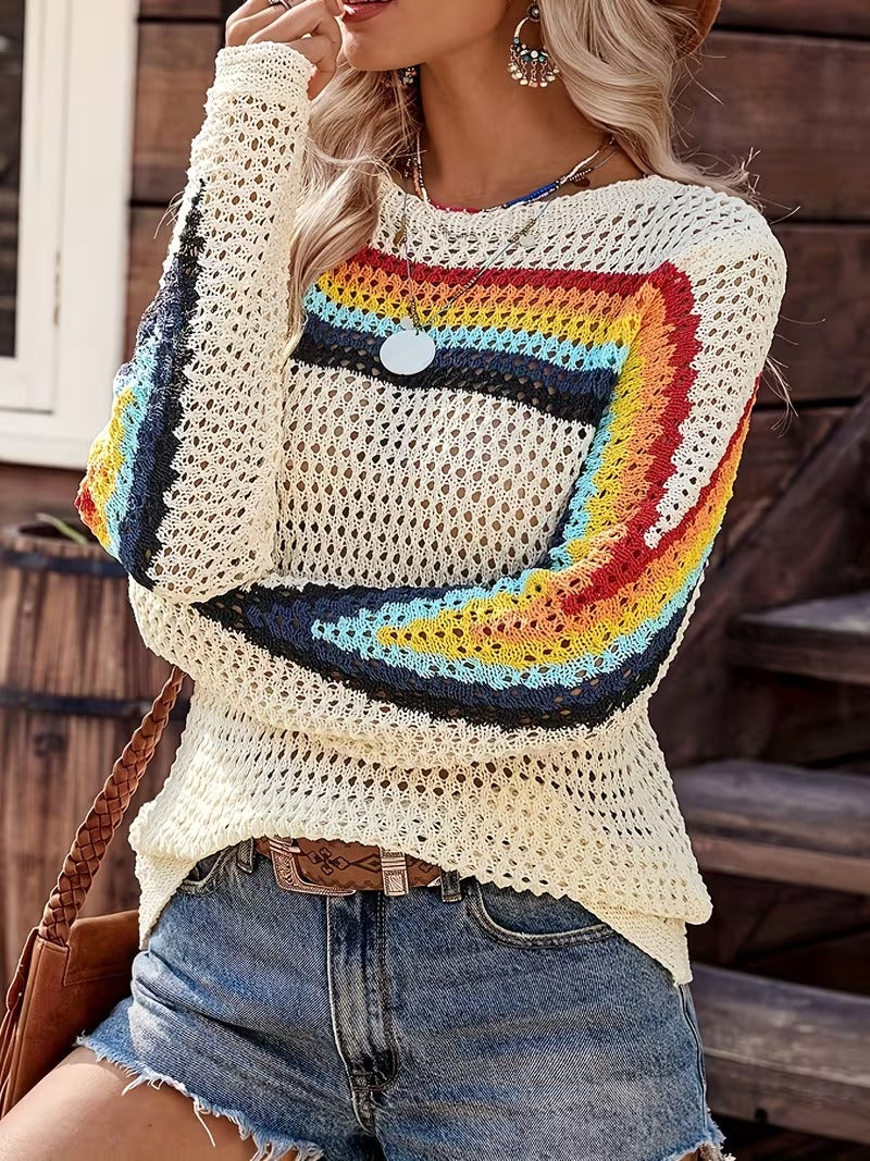 Plus Size - Women'S Rainbow Striped Pullover Hollow Sweater | Long-sleeved Crew Neck Top for Spring/Autumn, Fashionable Daily Wear, Elegant Casual Style, Suitable for Vacation Outings ( CR-39)