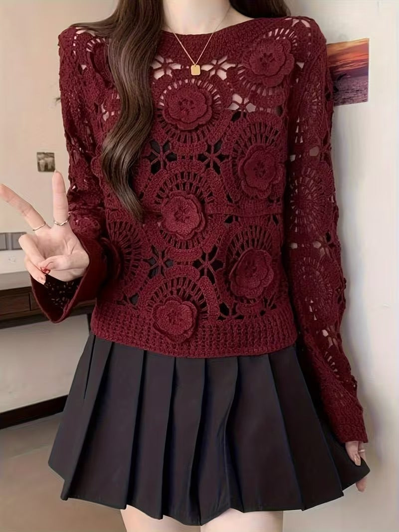 JELLY Women's Vintage Crochet Blouse with 3D Flower & hollow out design - Semi-Sheer Round Neck Loose Fit Top, Machine Washable Spring Summer Fall Elegant Shirt( CR-5 )