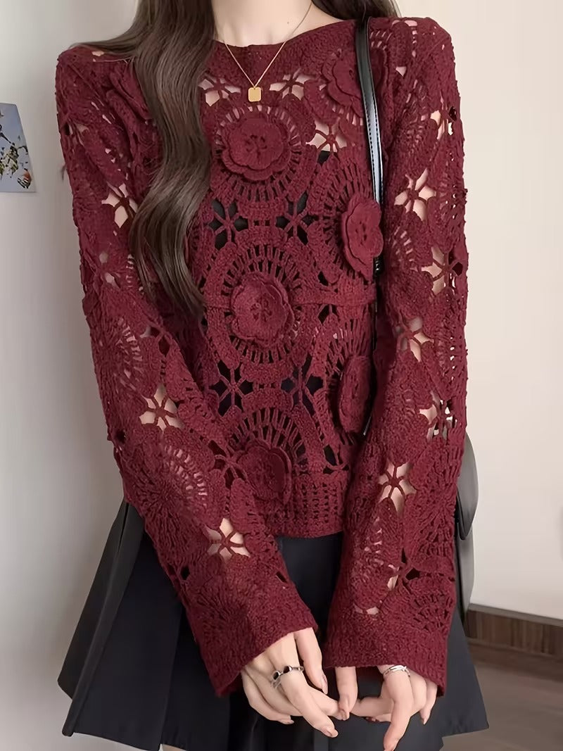 JELLY Women's Vintage Crochet Blouse with 3D Flower & hollow out design - Semi-Sheer Round Neck Loose Fit Top, Machine Washable Spring Summer Fall Elegant Shirt( CR-5 )