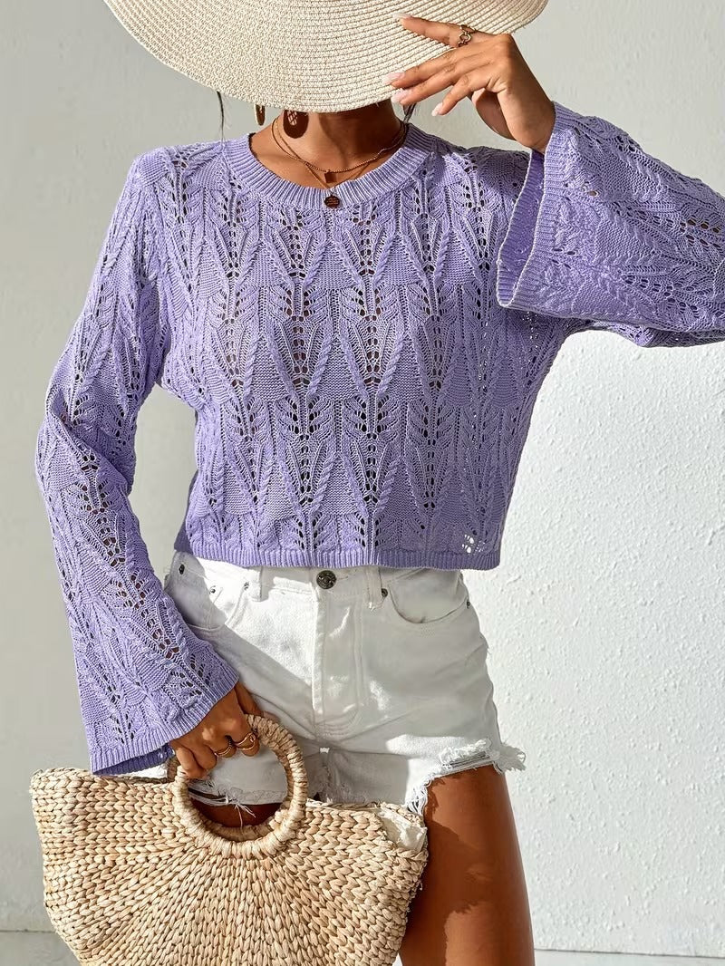 Women's Elegant Lace-Up Top, Solid Color Bell Sleeve Crew Neck, Ribbed Texture Button Detail, Perfect for Spring/Summer, Versatile Casual & Formal Wear, Light Purple( CR-11 )