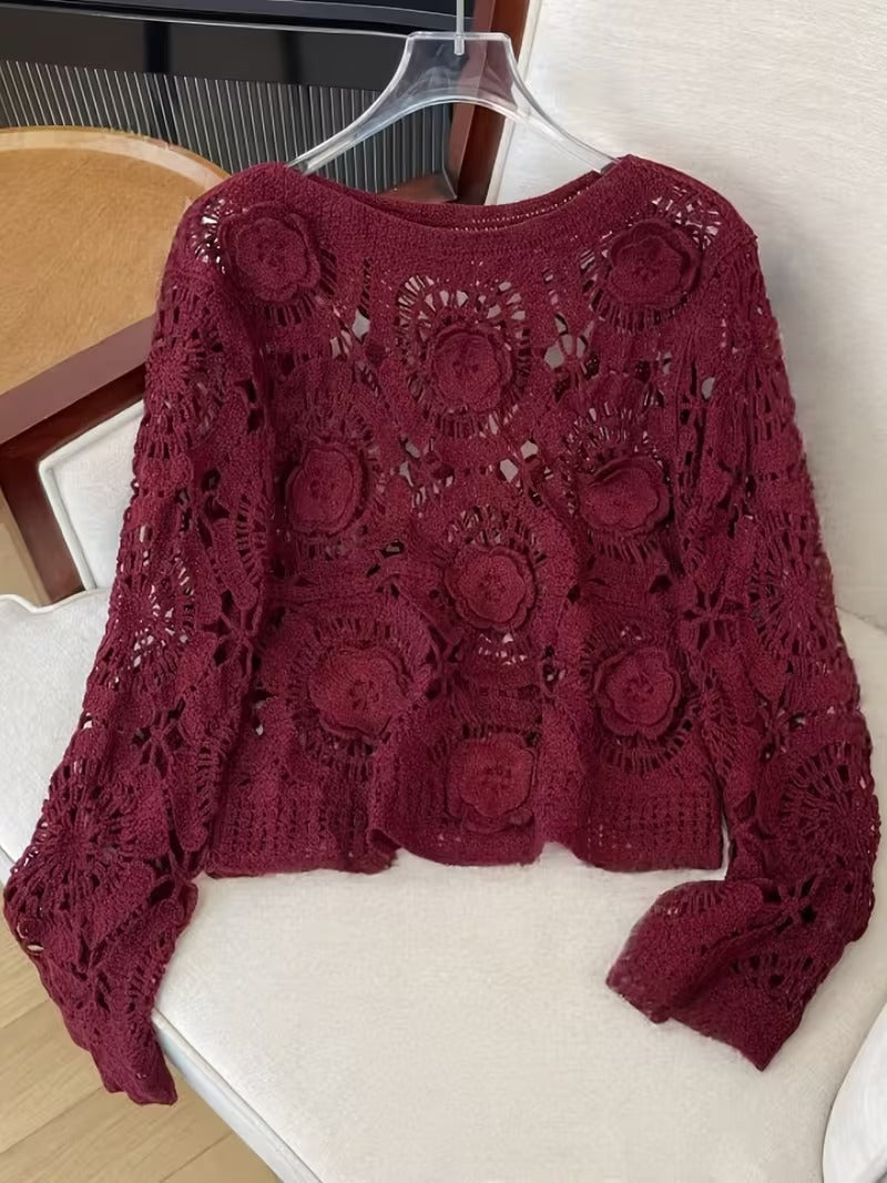 JELLY Women's Vintage Crochet Blouse with 3D Flower & hollow out design - Semi-Sheer Round Neck Loose Fit Top, Machine Washable Spring Summer Fall Elegant Shirt( CR-5 )