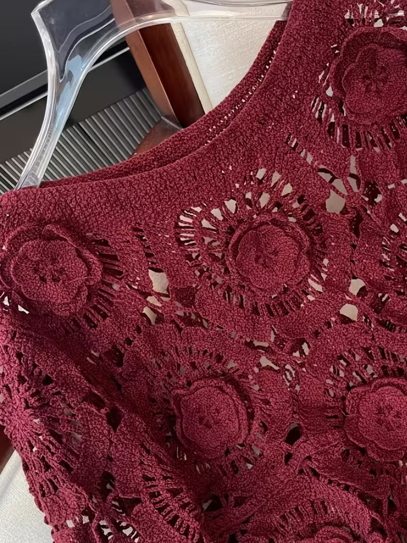 JELLY Women's Vintage Crochet Blouse with 3D Flower & hollow out design - Semi-Sheer Round Neck Loose Fit Top, Machine Washable Spring Summer Fall Elegant Shirt( CR-5 )