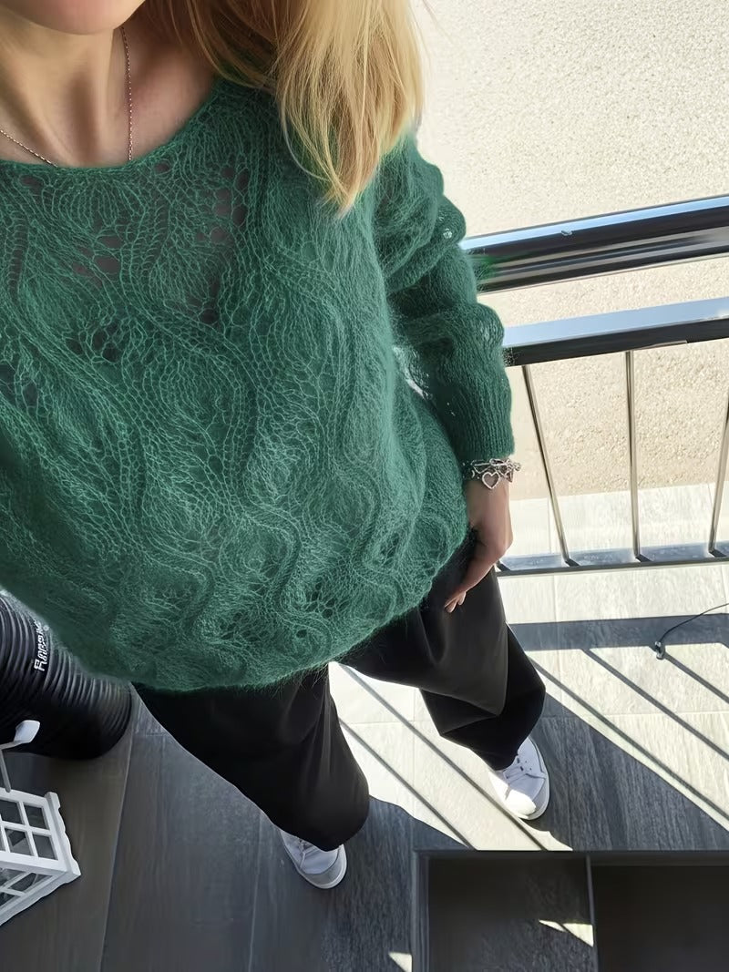 Women'S Solid Color Sweater, Elegant Crew Neck, Soft and Comfortable, Lace Cut-Out Bohemian Style, Casual Everyday Wear, Versatile Autumn Winter OOTD Pullover for Women( CR-9 )