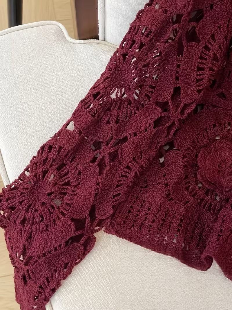 JELLY Women's Vintage Crochet Blouse with 3D Flower & hollow out design - Semi-Sheer Round Neck Loose Fit Top, Machine Washable Spring Summer Fall Elegant Shirt( CR-5 )