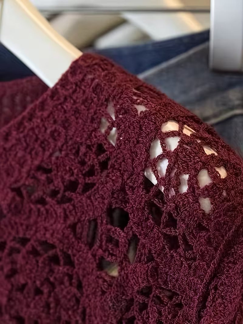 Women'S Elegant French-Inspired Lace-like Crochet Sweater - Long Sleeve Round Neck Blouse with Fringe Hem, Solid Color All-Season Layering Top for Casual & Formal( CR-12 )