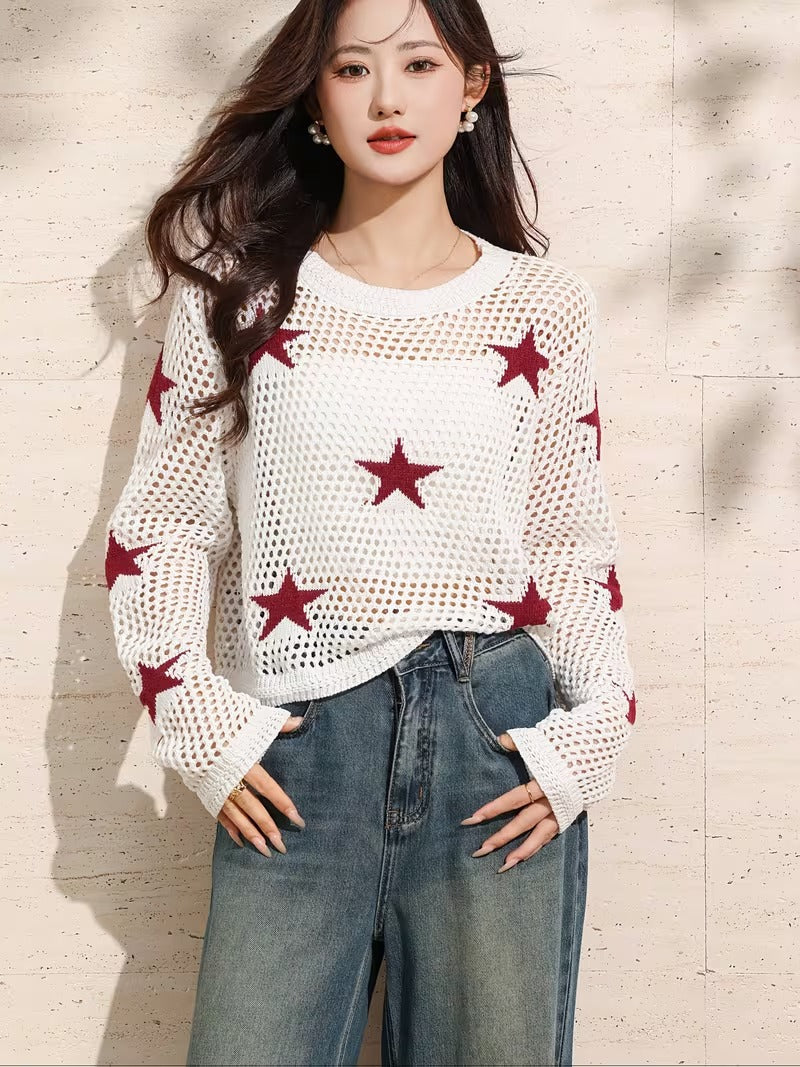 Elegant Off-Shoulder Long Sleeve Pullover with Star Cutouts - Chic Geometric Pattern, White Top for Women, Perfect for Spring/Summer/Fall, Casual Chic Outfit | Star Pattern Top | Construction( CR-17 )