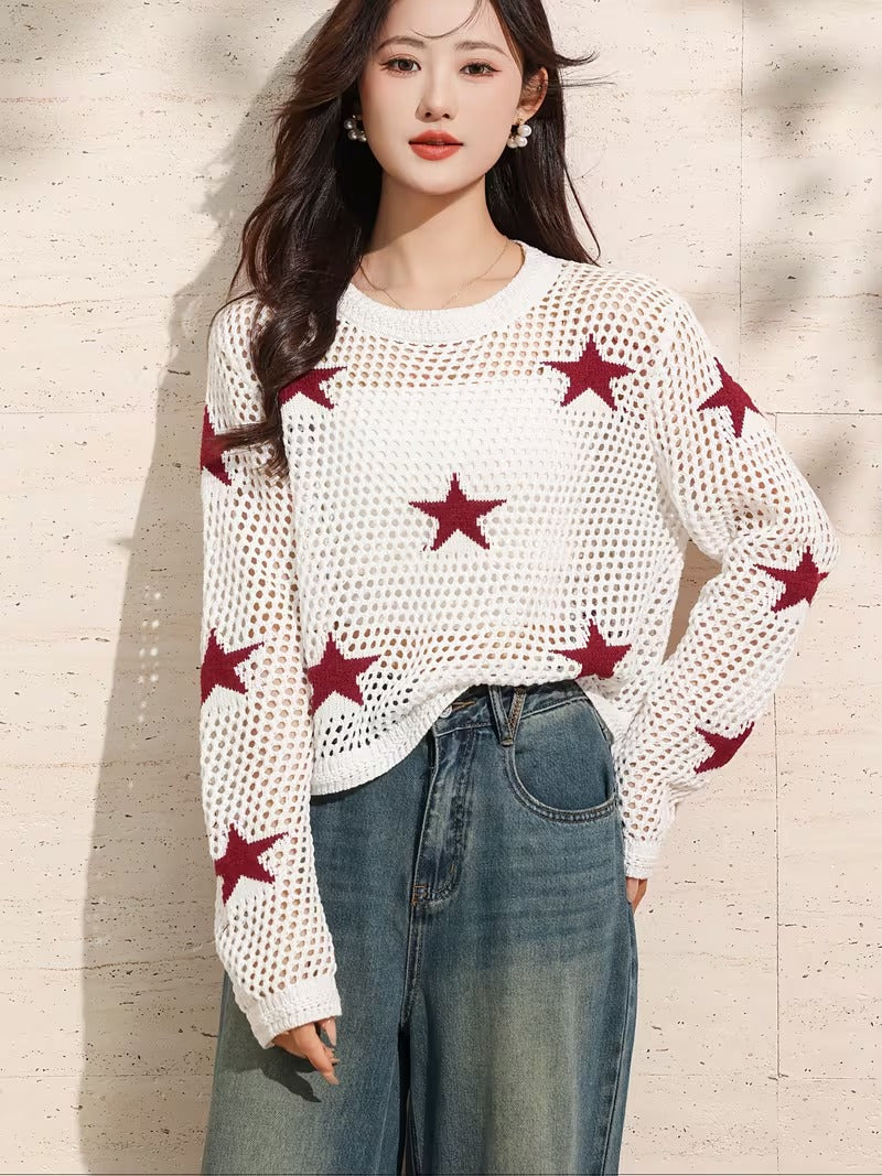 Elegant Off-Shoulder Long Sleeve Pullover with Star Cutouts - Chic Geometric Pattern, White Top for Women, Perfect for Spring/Summer/Fall, Casual Chic Outfit | Star Pattern Top | Construction( CR-17 )