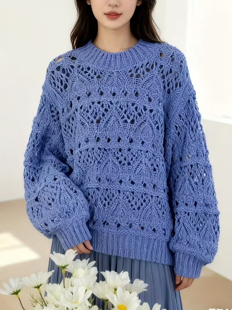 Spring Hollow Crochet Sweater | Casual Long Sleeve Pullover for Women, Crew Neck, Medium Stretch Fabric, Flared Hem( CR-4 )