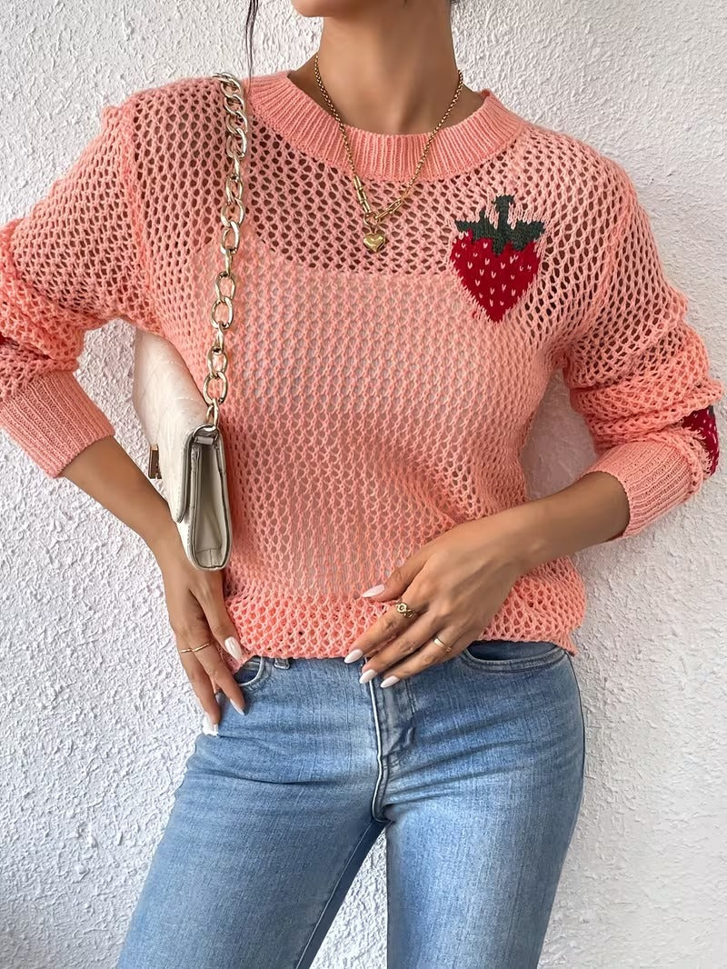 Women's Elegant Strawberry & Leaf Cut-Out Sweater - 100% Acrylic Semi-Sheer Round Neck Long Sleeve Top, Lightweight Stretchy Spring Summer Fall Casual Chic Pullover ( CR-26)