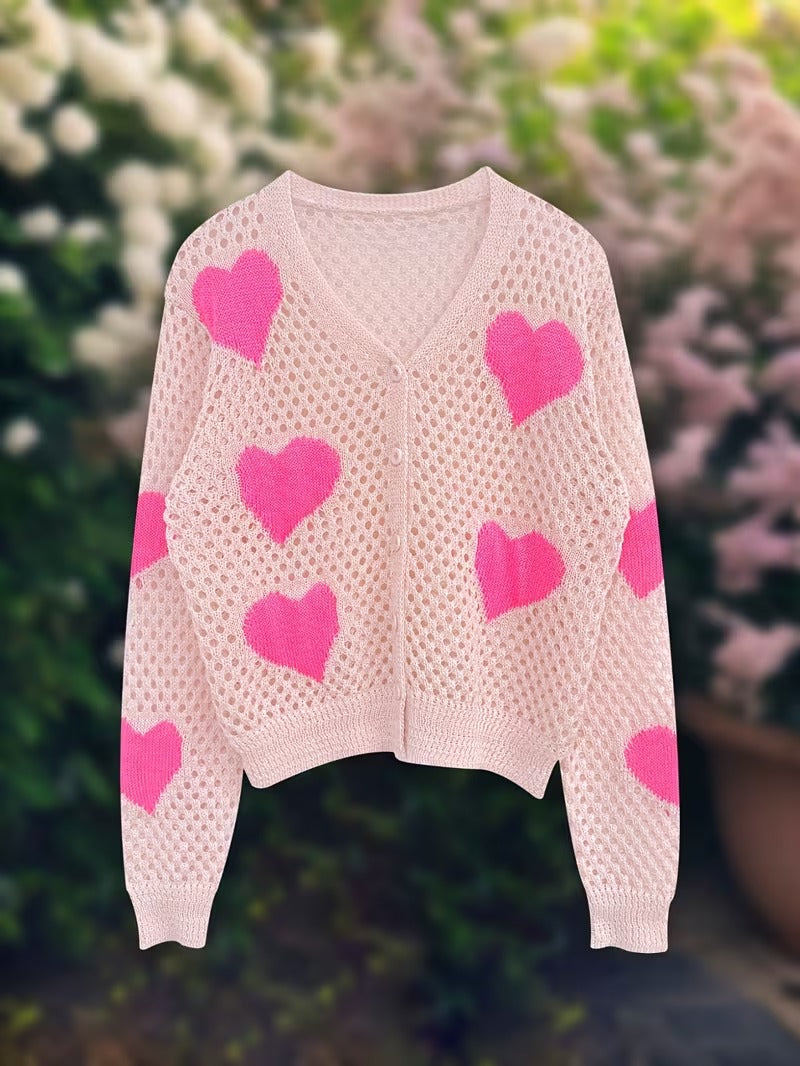 Women'S V-Neck Cardigan with Heart Pattern - Casual Vacation Style Hollow Knit Long Sleeve Top, Polyester 100% T-Shaped Short Length Spring/Fall Outerwear ( CR-29)