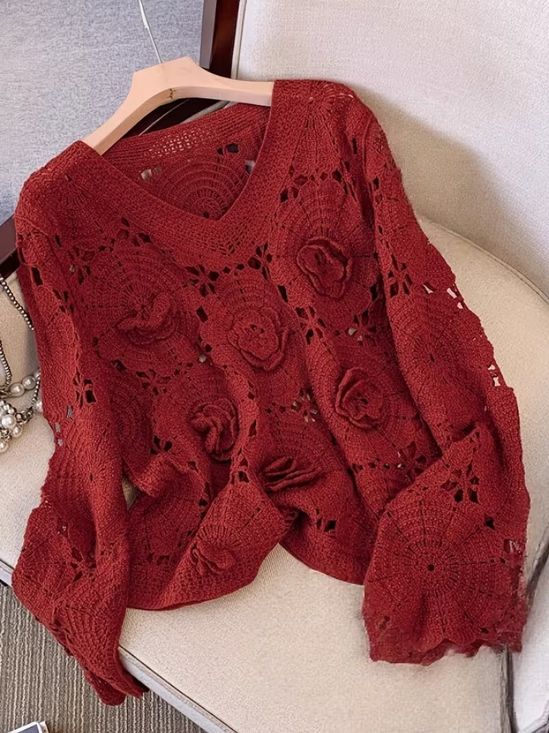 Girl Boho Style Crochet Hollow Out 3D Flower Top, Loose Outerwear for Spring Autumn, Versatile Ted Sweater, for Teenager ( CR-3 )