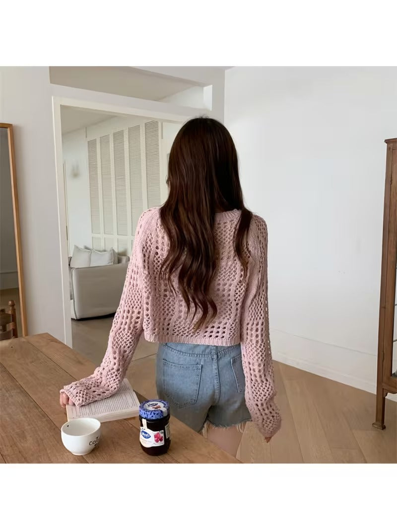 Elegant Pink Crochet Knit Sweater for Women - Long Sleeve, Hollow Out Design, Crew Neck, Perfect for Spring/Summer ( CR-30)