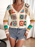Patchwork Crochet Cardigan, Long Sleeve Button Up Casual Sweater, Women's Clothing ( CR-57)