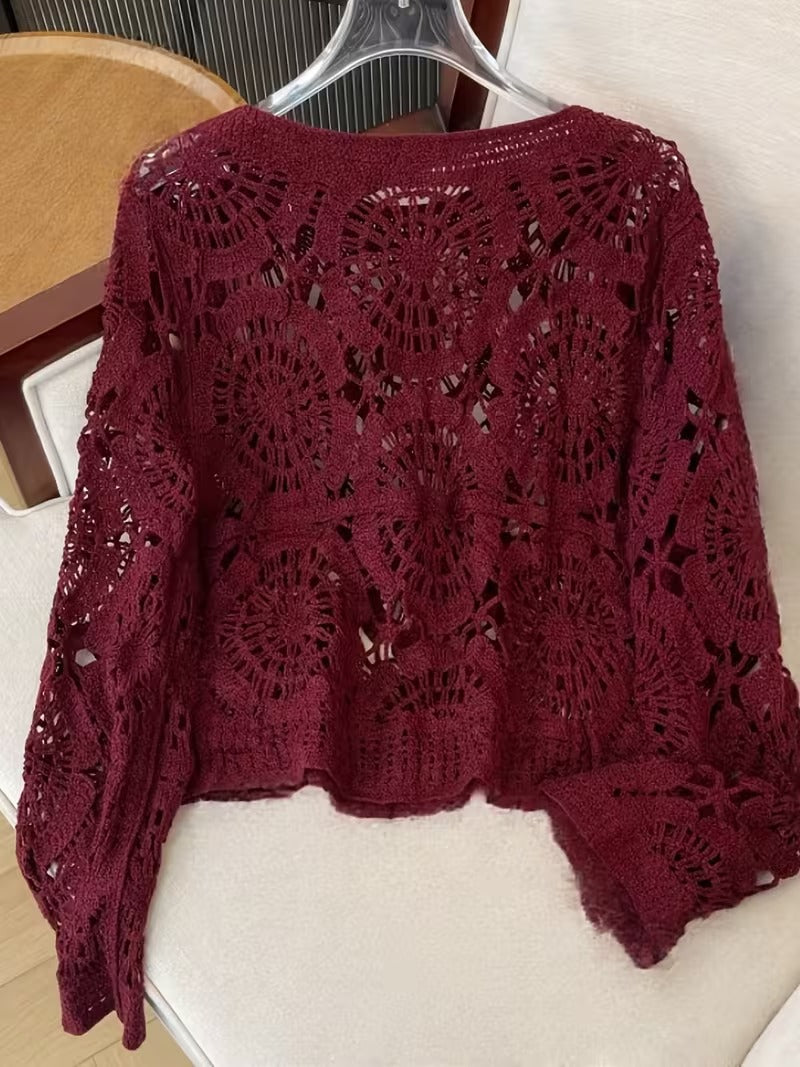 JELLY Women's Vintage Crochet Blouse with 3D Flower & hollow out design - Semi-Sheer Round Neck Loose Fit Top, Machine Washable Spring Summer Fall Elegant Shirt( CR-5 )