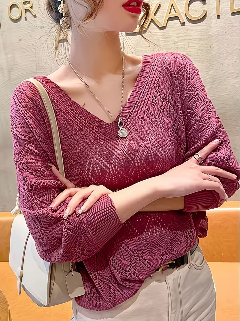Long Sleeve Thin Batwing V-Neck Crochet Lace Women's Loose Fit Top( CR-7 )