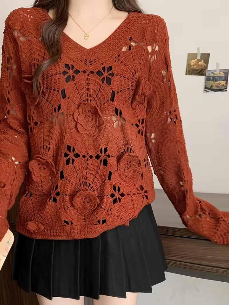 Girl Boho Style Crochet Hollow Out 3D Flower Top, Loose Outerwear for Spring Autumn, Versatile Ted Sweater, for Teenager ( CR-3 )
