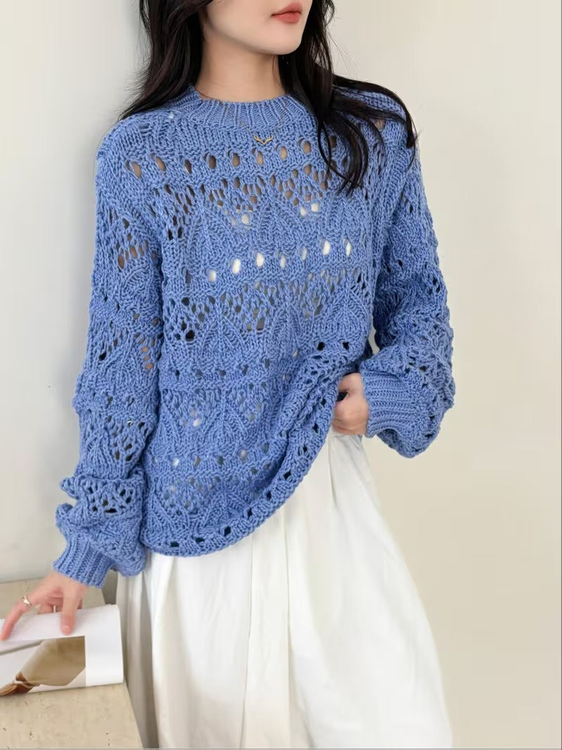 Spring Hollow Crochet Sweater | Casual Long Sleeve Pullover for Women, Crew Neck, Medium Stretch Fabric, Flared Hem( CR-4 )