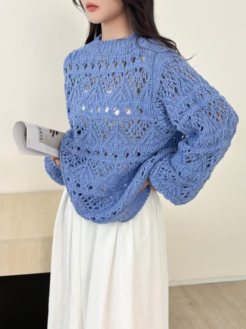 Spring Hollow Crochet Sweater | Casual Long Sleeve Pullover for Women, Crew Neck, Medium Stretch Fabric, Flared Hem( CR-4 )