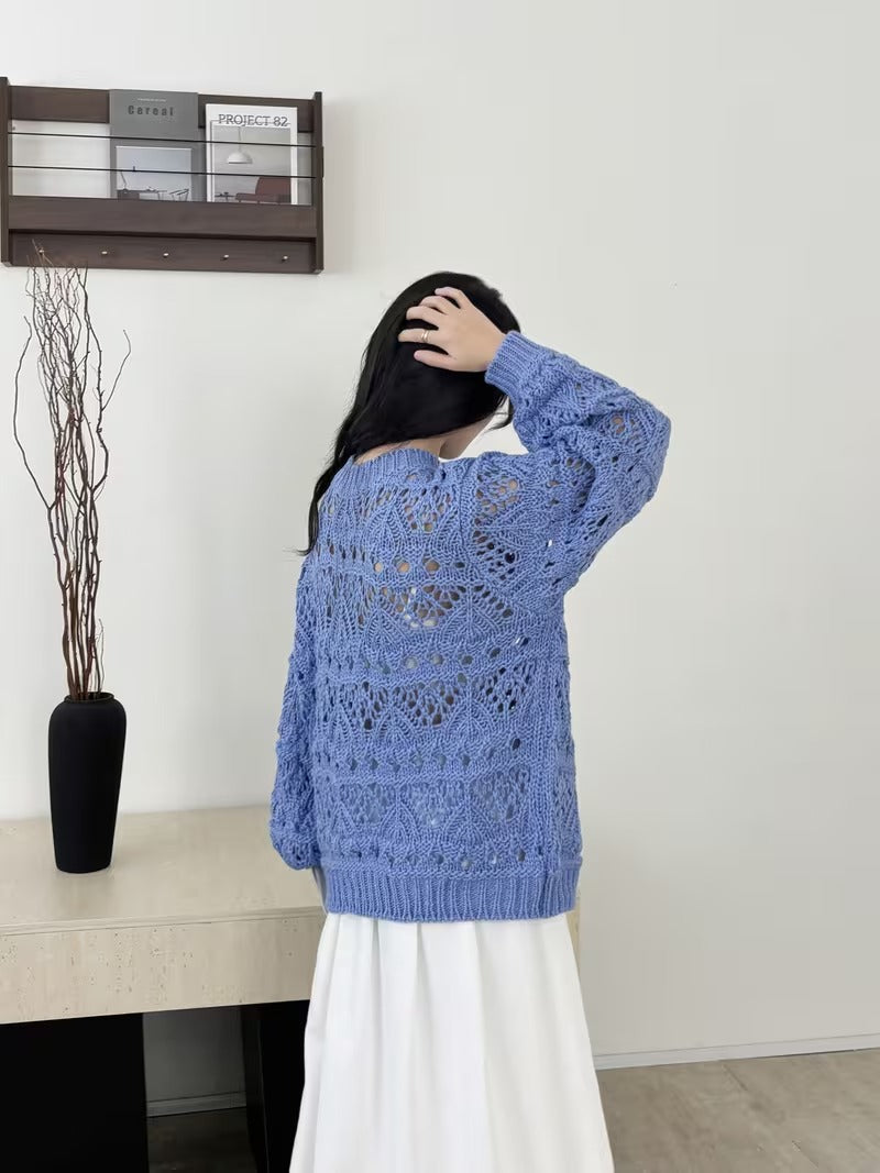 Spring Hollow Crochet Sweater | Casual Long Sleeve Pullover for Women, Crew Neck, Medium Stretch Fabric, Flared Hem( CR-4 )