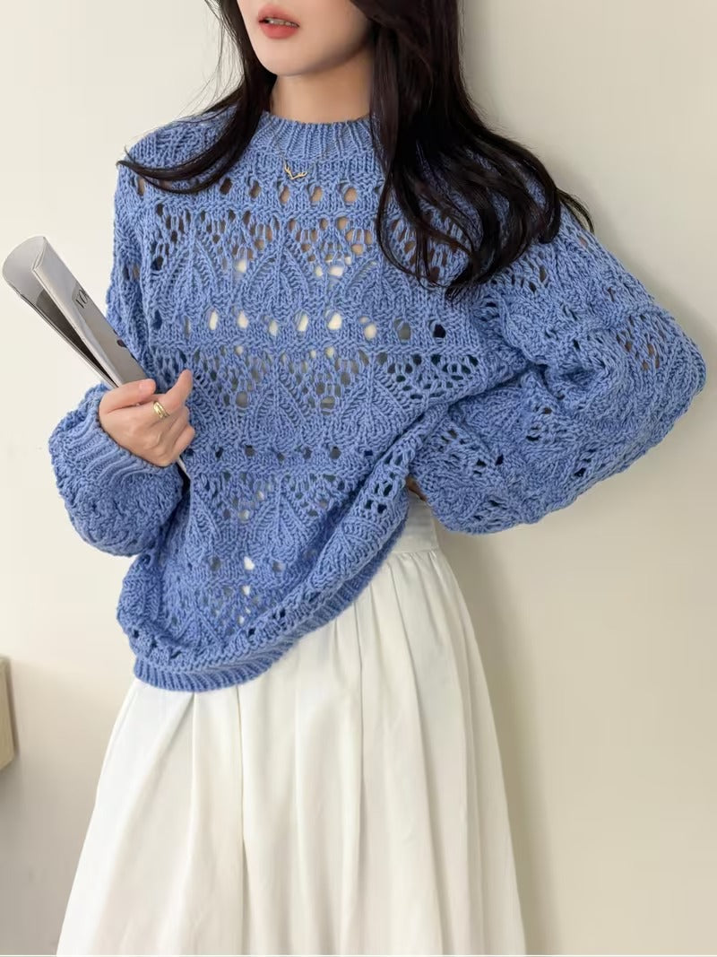 Spring Hollow Crochet Sweater | Casual Long Sleeve Pullover for Women, Crew Neck, Medium Stretch Fabric, Flared Hem( CR-4 )
