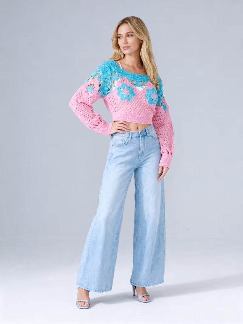 Women'S Bohemian Crochet Long Sleeve Top - Pastel Pink & Blue Floral Blouse with 3D Crochet Sleeve Trim, Round Neck Casual Streetwear Shirt for Spring/Fall( CR-16 )