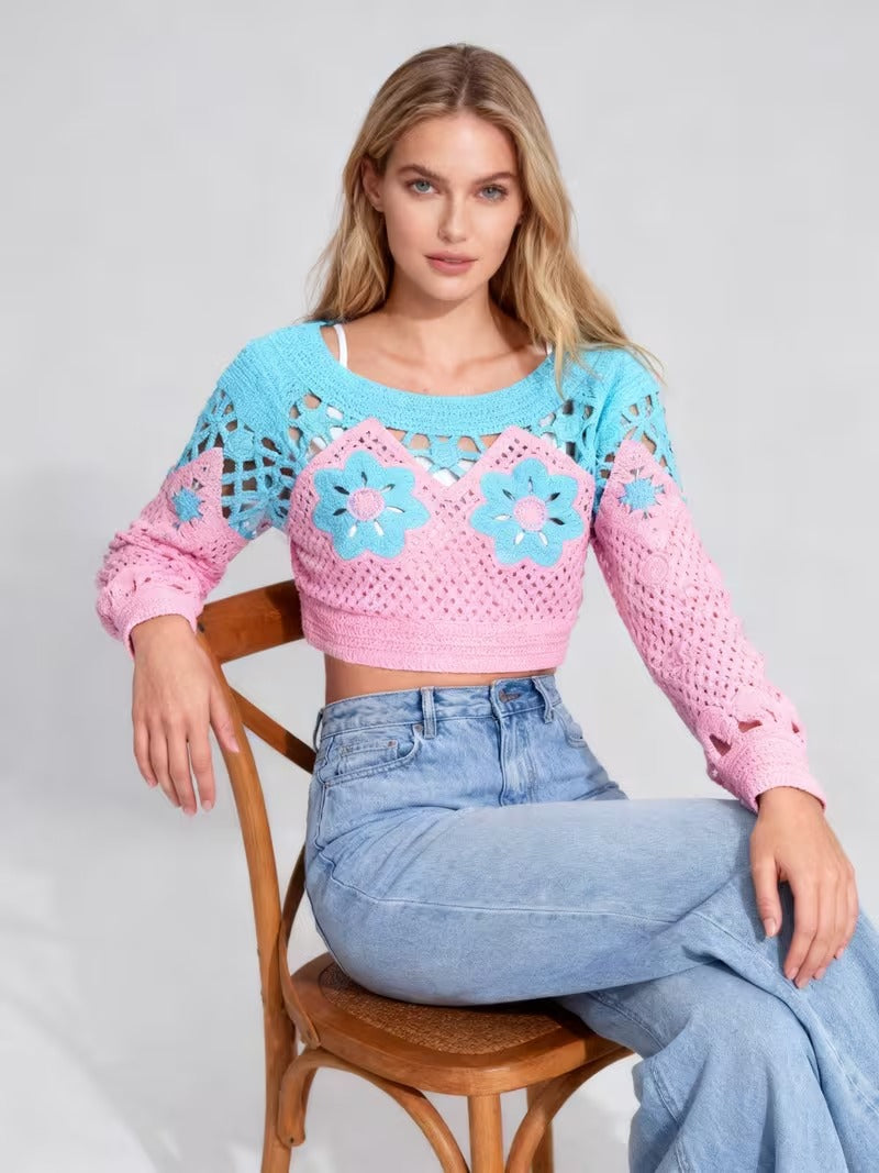 Women'S Bohemian Crochet Long Sleeve Top - Pastel Pink & Blue Floral Blouse with 3D Crochet Sleeve Trim, Round Neck Casual Streetwear Shirt for Spring/Fall( CR-16 )