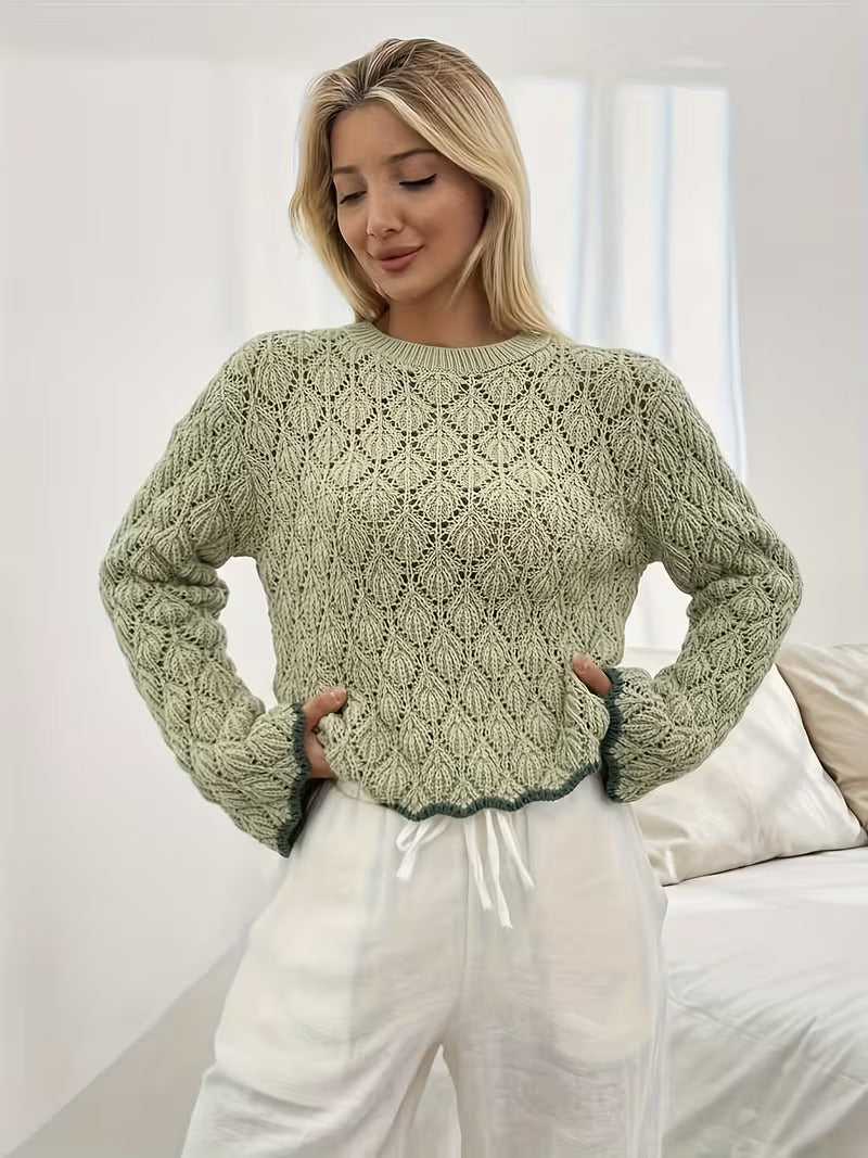 Oversized Fashionable Versatile Hollow-Out Pullover Round Neck Long Sleeve Casual Sweater, Recommend Sizing ( CR-48)