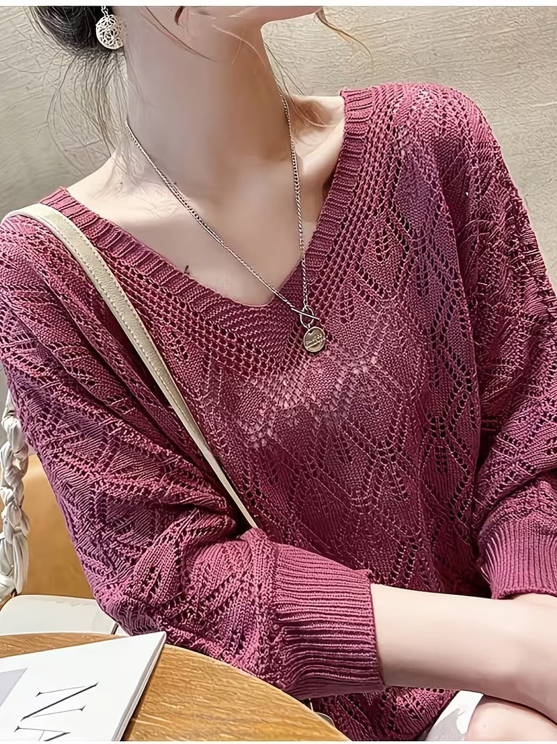 Long Sleeve Thin Batwing V-Neck Crochet Lace Women's Loose Fit Top( CR-7 )