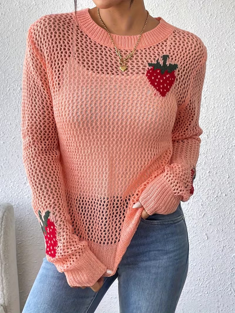 Women's Elegant Strawberry & Leaf Cut-Out Sweater - 100% Acrylic Semi-Sheer Round Neck Long Sleeve Top, Lightweight Stretchy Spring Summer Fall Casual Chic Pullover ( CR-26)