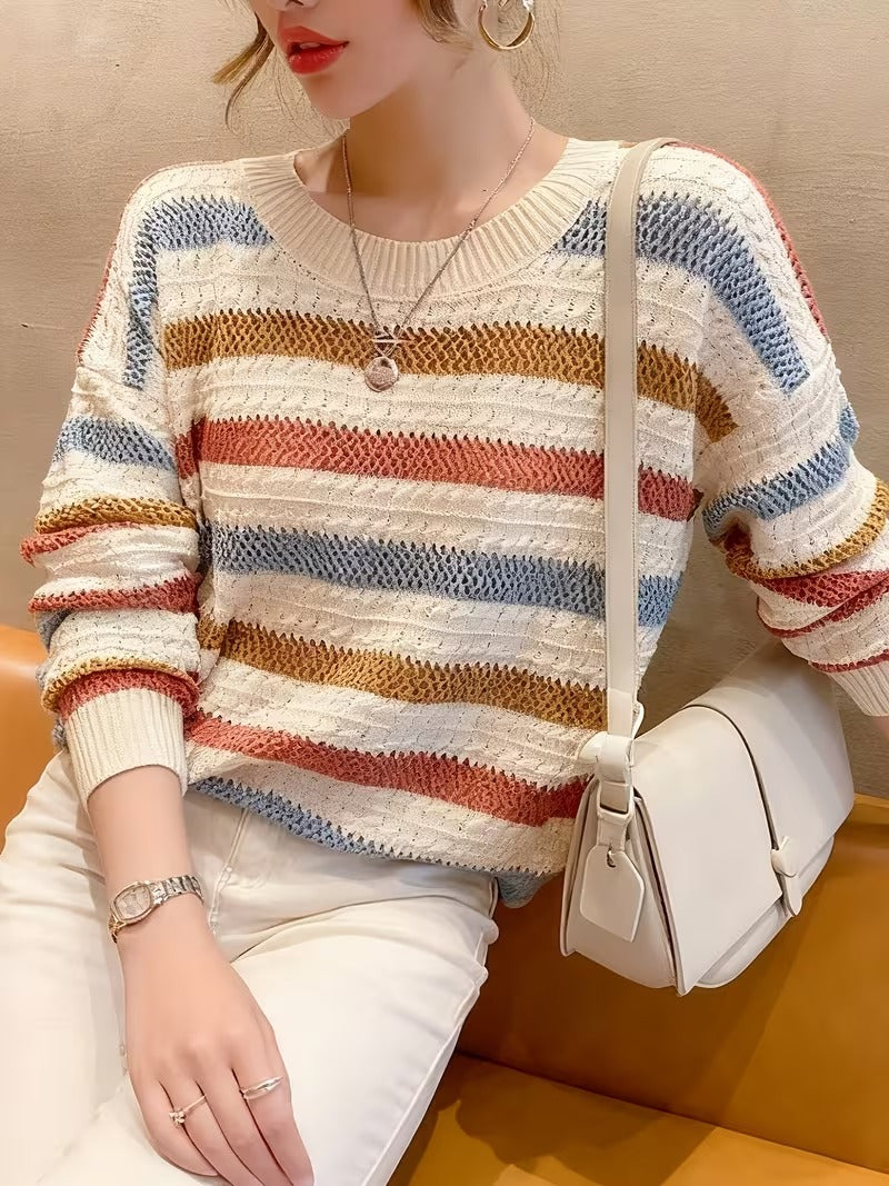 Women'S Striped Sweater | Loose-Fit, Color-Block Batwing Sleeves, Crew Neck, Medium Stretch Fabric, Perfect for Fall/Winter ( CR-53)