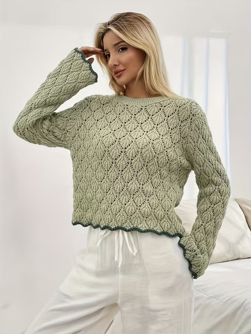 Oversized Fashionable Versatile Hollow-Out Pullover Round Neck Long Sleeve Casual Sweater, Recommend Sizing ( CR-48)