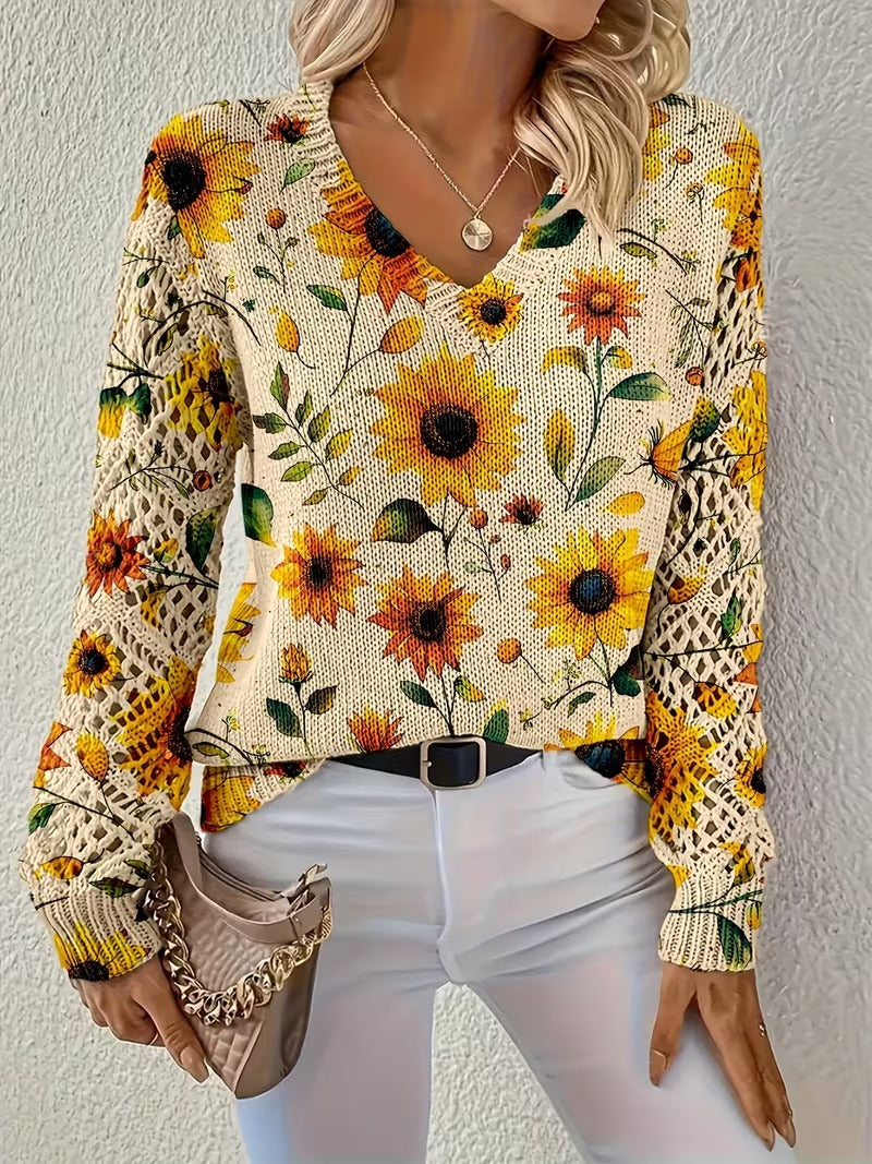 Vintage Sunflower Floral Printed Sweater | Casual V-neck Hollow Long Sleeve Loose Women'S Pullover for Spring/Fall( CR-8 )