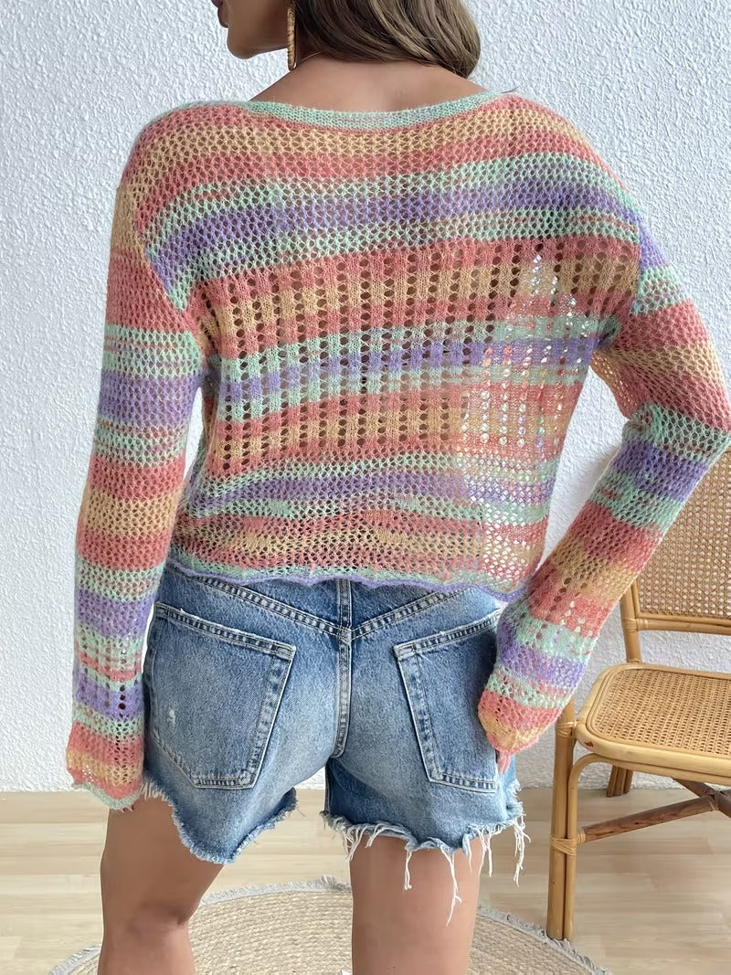 Women'S Colorful Rainbow Gradient Cardigan - Long Sleeve, Short Length, Loose Fit, Vibrant Rainbow Stripes, Casual Vacation Style, Perfect for Spring & Fall, Spring Fashion Top | Vibrant Striped Cardigan | Construction ( CR-52)